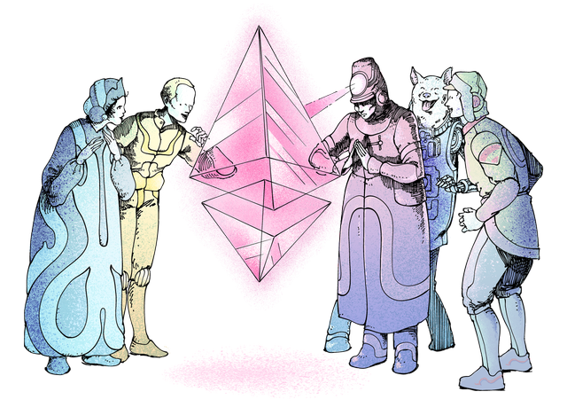 Illustrazione di un gruppo di persone che contemplano incantate un glifo di ether (ETH).
