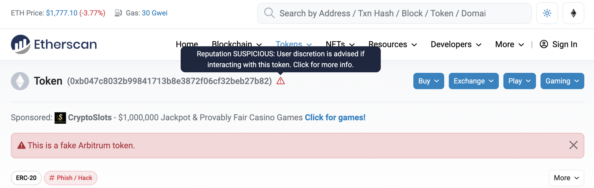 Token truffa su Etherscan